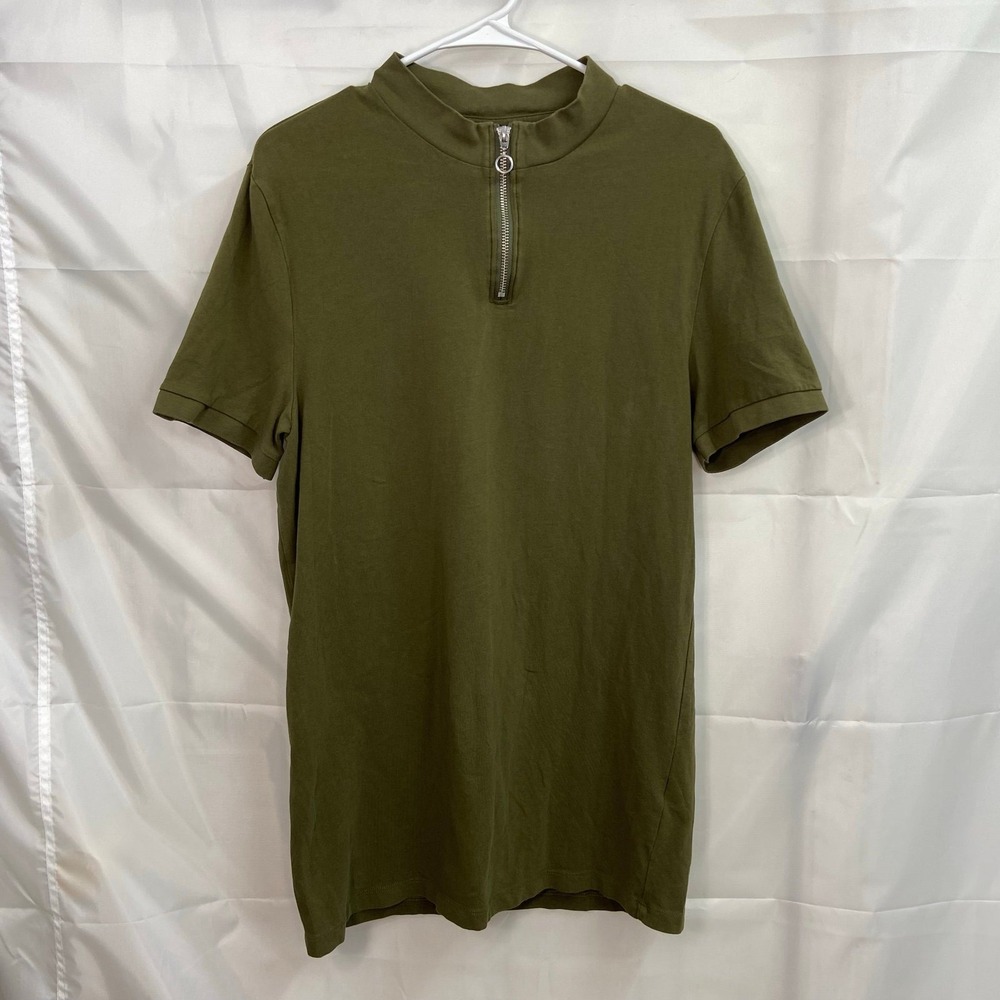 ASOS men's green mock neck quarter zip fitted‎ stretch cotton short sleeve shirt